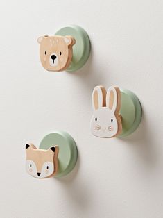 two wall mounted animal hooks on the side of a white wall, one with a brown bear and one with a green circle