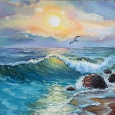 an oil painting of waves crashing on the shore with birds flying over it at sunset