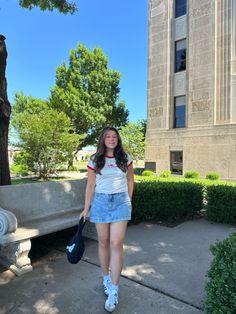 denim skirt, baby tees, cos bag, adidas sambas Baby Tee And Skirt Outfit, Gray Skirt Outfit, Cos Bag, Cos Bags, Skort Outfit, White Summer Outfits, Picnic Outfit