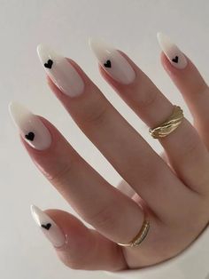 Black And White Nail Designs, Milky Nails, Casual Nails, Classy Acrylic Nails, White Nail Designs, Soft Nails, Black Nail, Heart Nails, Chic Nails