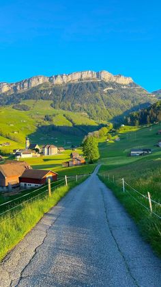 a rural road with houses and mountains in the background