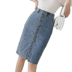 Denim Sheath Wrap Single-Breasted High Waist Pencil Midi Skirt – lastrafashion Midi Jean Skirt, Pencil Midi Skirt, Pencil Skirt Outfits, Wrap Skirts, Denim Decor, Jean Vintage, Cotton Linen Dresses, High Waisted Pencil Skirt, Denim Skirt Women