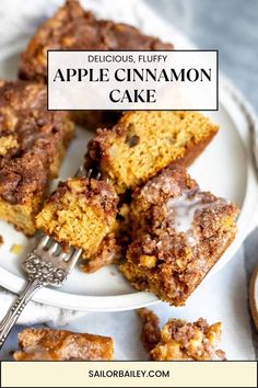 delicious fluffy apple cinnamon cake on a white plate with a fork in front of it