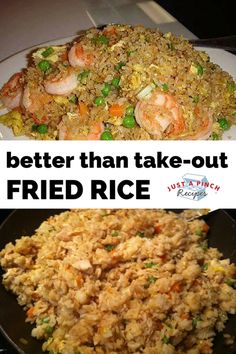 there are two different types of fried rice on the same plate and one is shrimp