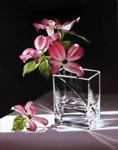 a painting of pink flowers in a glass vase