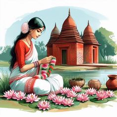 a painting of a woman sitting on the ground with flowers in front of her and water lillies around her