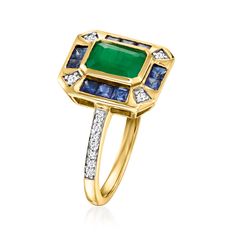 Ross-Simons - 1.00ct Emerald, .60ct t. w. Sapphire Ring, .11ct t. w. Diamonds. Size 7. The sparkle of this elegant ring will instantly elevate your ensemble. A verdant 1.00 carat rectangular emerald is framed by .60 ct. t. w. square sapphires, while .11 ct. t. w. diamonds shimmer in each corner and along the shank. Crafted in luxurious 14kt yellow gold. 1/2" wide. Diamond, sapphire and emerald ring. Emerald birthstones are the perfect gift for May birthdays. Yellow Gold Multi-stone Emerald Cut Diamond Ring, Anniversary Multi-stone Emerald Cut Diamond Ring, Emerald Cut Multi-stone Sapphire Ring With Diamonds, Emerald Cut Multi-stone Diamond Ring, Classic Multi-stone Baguette Cut Diamond Ring, Emerald Birthstone, May Birthday, Ring Emerald, Elegant Ring