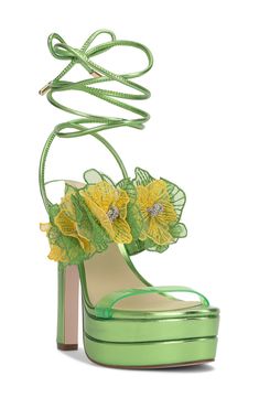 Sparkling crystals highlight the dimensional flower embellishments of this lofty platform sandal. 5" heel; 1 1/2" platform Wraparound ankle strap with tie closure Synthetic and textile upper/synthetic lining/rubber sole Imported Imvu Outfits Ideas Cute, Flower Embellishments, Fall Wardrobe Essentials, Lace Tie, Ankle Wrap, Baby Boy Shoes, Inspiration For Kids, Green Shoes, Boy Shoes