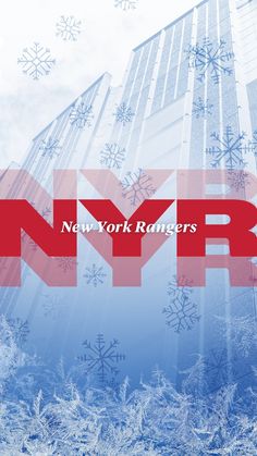 the new york rangers logo is shown in front of tall buildings with snowflakes on them