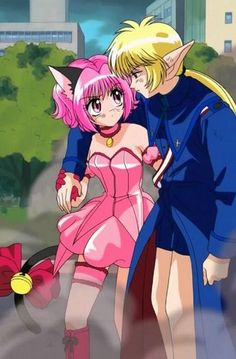 two anime characters standing next to each other in front of some trees and buildings, one is wearing a pink dress