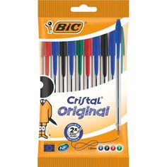 a package of bic cristal pens with different colors and sizes in it