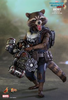 the rocket raccoon is holding his gear