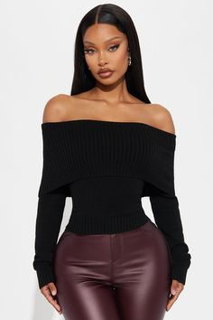 Available In Black, Red, And Ivory. Pullover Sweater Long Sleeve Off Shoulder Fold Over Detail Ribbed Hem 88% Polyester 12% Nylon Imported | Layla Off Shoulder Sweater in Black size XL by Fashion Nova Shoulder Cardigan Outfit, Off The Shoulder Sweater, Cardigan Outfits, Off Shoulder Sweater, One Shoulder Tops, Women Hoodies Sweatshirts, Sweater Long Sleeve, Sweater Black, Shoulder Sweater