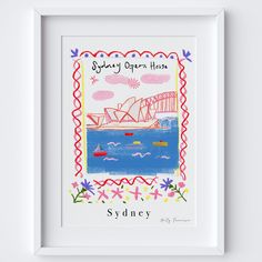 sydney opera house with flowers and boats in the foreground, framed in white frame