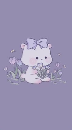 a white bear with a bow sitting in the grass and holding some flowers on its chest