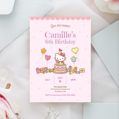 a pink hello kitty birthday party card