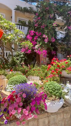 colorful flowers are growing in large pots on the side of a brick wall near an apartment building