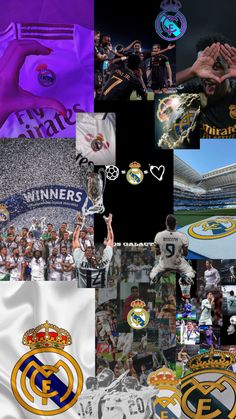 the collage shows many different sports teams and their emblems, including real madrid