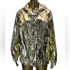 Gold Metallic Jacket Nwt Size Small Non Removable Hood Front Pockets Lined, Zipper Closure See Photos For Measurements Lightweight Fast Shipping Metallic Long Sleeve Outerwear With Zipper, Casual Hooded Metallic Outerwear, Trendy Fall Windbreaker With Detachable Hood, Trendy Metallic Outerwear For Streetwear, Metallic Hooded Winter Outerwear, Metallic Outerwear With Pockets For Fall, Gold Hooded Winter Outerwear, Metallic Long Sleeve Outerwear For Streetwear, Spring Metallic Outerwear For Streetwear