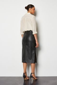 Leather Pencil Skirt | Karen Millen Knee-length Leather Bottoms For Formal Occasions, Leather Knee-length Pencil Skirt For Work, Formal Leather Skirt With Belt Loops, Leather Pencil Skirt For Work, Elegant Leather Skirt With Belt Loops, Fall Date Night Pencil Skirt, Leather Midi Pencil Skirt For Night Out, Chic Leather Skirt With Belt Loops, Formal Leather Lined Skirt