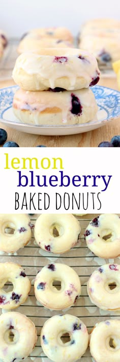 lemon blueberry bagel donuts on a cooling rack with the words lemon blueberry baked donuts