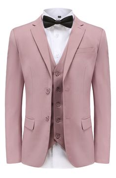 Bring understated elegance to the table in this three-piece suit crafted from rich fabric in a classic single-breasted silhouette. Jacket has notched lapels; chest welt pocket; front flap pockets Vest has front button closure; V-neck Pants have zip fly with button closure; front slant pockets; back button-welt pockets Jacket and vest are lined; trousers are lined to the knee 65% polyester, 35% viscose Dry clean Imported Each suit has a 6” drop, meaning that a size 38R jacket is paired with size Slim Fit Single-breasted Three-piece Suit, Semi-formal Three-piece Suit With Single Breasted Design, Classic Pink Blazer With Notch Lapel, Three-piece Suit With Single Button, Three-piece Suit With Lapel Collar And Single Button, Semi-formal Single Breasted Three-piece Suit, Semi-formal Single-breasted Three-piece Suit, Elegant Pink Slim Fit Suits, Tailored Pink Three-piece Suit For Semi-formal Occasions