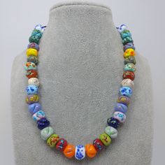 Murano glass beaded necklace made by artist in Turkey Thanks so much for stopping by our shop Glass designs that come to life in 1200 degrees flame are here for you All of my jewelery are sent in a gift box ready to go. The product is well packed for shipping and safe for damages.. Glass beads made in lampwork technique Depicted with 37 colored  handmade Murano glass beads Pendant length: 42 cm or 16 inches Large Glass Bead Necklace, Lampwork Bead Necklace, Colorful Beaded Necklace, Glass Beads Necklace, Lampwork Necklace, Murano Glass Jewelry, Necklace Colorful, Beads Pendant, Beaded Necklace Diy