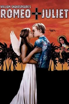 a movie poster with two people kissing in front of an orange sky and palm trees