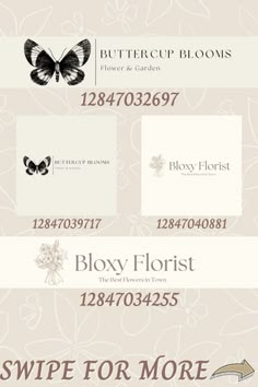 the logo and business cards for butterfly florist, which is located in an area with