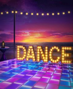 the words dance are lit up in front of a colorful background with lights on it