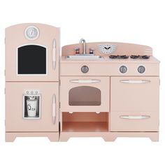 a pink play kitchen with an oven, sink and stove top on white back ground