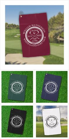 four different colored towels on green grass with white and black logos in the middle one has a golf club logo