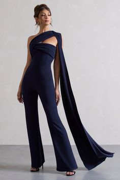 Lorah Navy One Shoulder Wide-Leg Jumpsuit With Sash – Club L London - USA White Graduation Outfit, Modest Jumpsuit, Prom Jumpsuit, Asymmetric Jumpsuit, Navy Jumpsuit, Red Dress Long, Red Long Sleeve Dress, Formal Jumpsuit, Sleek Bun