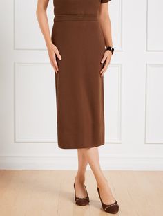 A soft update on your favorite pencil skirt. Made from exceptionally smooth cotton with effortless pull-on styling. Features Pencil Hits Below Knee Pull on closure Features a back vent Imported Fit: Misses: 29"; Petite: 27"; Plus: 29"; Plus Petite: 26 1/2" Material: 77% Cotton, 23% Polyester Care: Machine Wash Cold, Gentle Cycle; Only Non-Chlorine Bleach When Needed; Reshape Lay Flat To Dry; Cool Iron If Needed | Midi Sweater Skirt Talbots Fall Cotton Knee-length Pencil Skirt, Non-stretch Knee-length Winter Skirt, Fall Midi-length Lined Pencil Skirt, Relaxed Midi-length Pencil Skirt, Winter Midi-length Lined Skirt, Midi Sweater Skirt, Petite Sweaters, Classic Style Women, Sweater Skirt