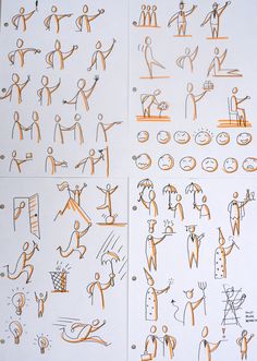 several drawings of people doing different things on paper