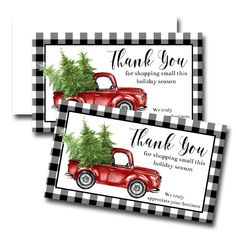 two thank cards with an old red truck carrying a christmas tree