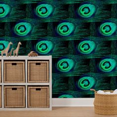 a peacock feather wallpaper in a living room with drawers and baskets on the floor