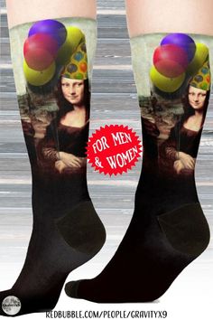 * Mona Lisa Birthday Art Parody Sock Design By #Gravityx9Designs at Redbubble #SpoofingTheArts * Mona is ready for a birthday party with balloons and a festive party hat! * Super soft and stretchy knit crew socks * Printed to allow ink to penetrate the yarn, so socks look great even when stretched * This dsign is on stickers, tee shirts, posters, tote bags, home decor and more. * 0824 Personalized Socks Sockprints Socks, Bootie Socks, Trouser Socks, Art Parody, Fashion Socks, Designer Socks, Festival Party, Cool Socks, Socks For Sale