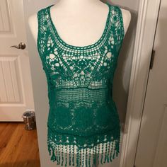 Nwt. Crochet Top. Fabulous Green Color. Racerback Size One Size Green Knit Tank Top For Beach, Green Knit Tank Top For The Beach, Green Sleeveless Crochet Top With Crochet Trim, Casual Green Lace Top, Green Summer Crochet Top With Crochet Trim, Green Sleeveless Summer Crochet Top, Beach Crochet Knit Top In Green, Green Crochet Trim Summer Top, Green Knit Crochet Beach Top