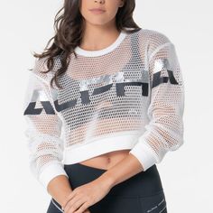 Alpha Prime Mesh Pullover. The Perfect Layer Over Sports Bras. Large Open Hole Mesh. Soft Rib Collar, Waistband And Sleeve Cuffs. Seams Are Clean Finished W/Soft Knit Binding. Relaxed Fit. Color White. Size Xl. Nwt White Mesh Tops For Streetwear, White Stretch Mesh Top With Crew Neck, White Mesh Athleisure Top, White Mesh Top For Athleisure, White Mesh Top In Athleisure Style, White Crew Neck Mesh Top, White Mesh Crew Neck Top, Sporty Mesh Top For Athletic Wear, White Stretch Sweatshirt For Workout