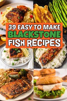 the cover of 39 easy to make blackstone fish recipes, including salmon and asparagus