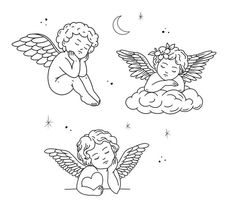 two angels sitting on clouds with stars in the sky