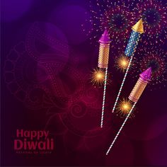 three colorful fireworks on purple background with happy diwali message