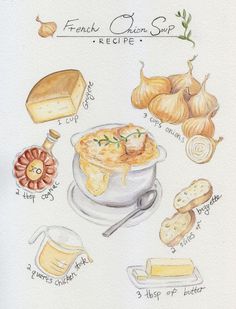 a drawing of french onion soup with ingredients