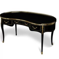 a black and gold desk with two drawers on one side, an oval shaped top