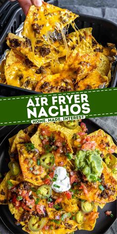 an air fryer nachos recipe is shown in two different pictures with the title above it