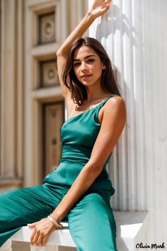 Olivia Mark - Sophisticated Off-Shoulder Jumpsuit with an Alluring Appeal Emerald Green Jumpsuit, Night Jumpsuit, Yemen Clothing, Dance All Night, Off Shoulder Jumpsuit, One Shoulder Jumpsuit, Green Jumpsuit, Leg Cuffs, Dress Romper