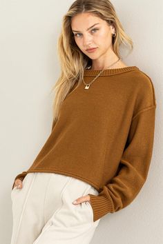 Description: Round neck long sleeve knit sweater Material: 100% Acrylic Trumpet Sleeve, Round Neck Sweater, Sweater Fits, Knit Leggings, Round Neck Sweaters, Lounging At Home, Rounded Neckline, Sweater Material, Cute Sweaters