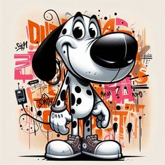 a cartoon dog with black and white spots on it's face, standing in front of graffiti