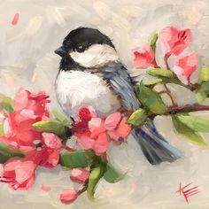 a painting of a bird on a branch with flowers